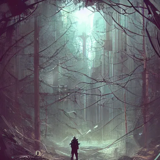 Prompt: lost in the cyberpunk forest, digital art, artstation