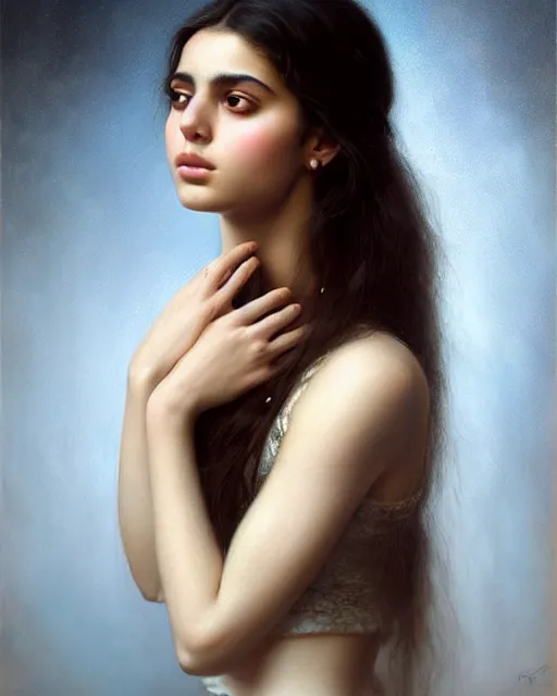 Image similar to a highly realistic, true to life portrait of a beautiful young middle eastern girl, soft focus, from the waist up, with sharp features, a beautiful face, soft smile, under studio lighting, taken with a canon eos camera with 1 3 5 mm focal length, art by karol bak, james jean, tom bagshaw, trending on artstation,