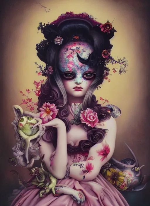 Image similar to pop surrealism, lowbrow art, realistic cute girl painting, japanese street fashion, hyper realism, vivid colours, rococo, natalie shau, loreta lux, tom bagshaw, mark ryden, trevor brown style,