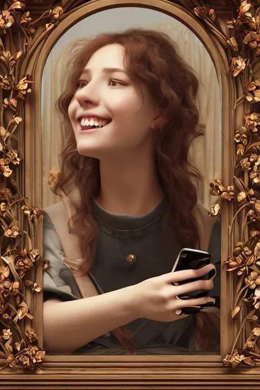 Prompt: a portrait of a beautiful young lady smiling at a text she just received on her smartphone, in style of Evelyn De Morgan, beautiful high detail, cinematic, 8k resolution, trending on artstation trending, octane render, unreal engine