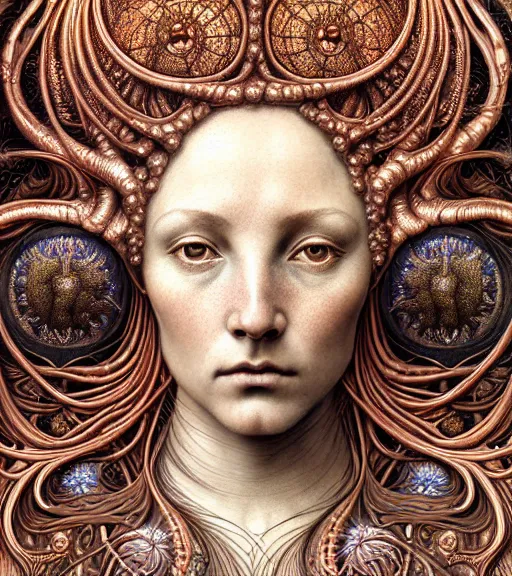 Image similar to detailed realistic beautiful copper goddess face portrait by jean delville, gustave dore, iris van herpen and marco mazzoni, art forms of nature by ernst haeckel, art nouveau, symbolist, visionary, gothic, neo - gothic, pre - raphaelite, fractal lace, intricate alien botanicals, biodiversity, surreality, hyperdetailed ultrasharp octane render