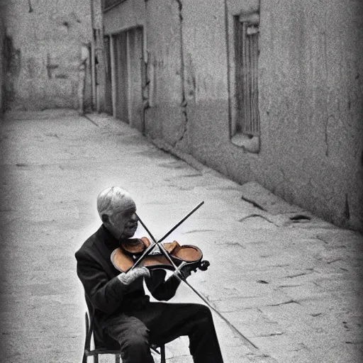 Prompt: An old photo of an old man playing the violin, while standing on the rubbles after a war, v-ray engine, black and white schemed, trending on artstation