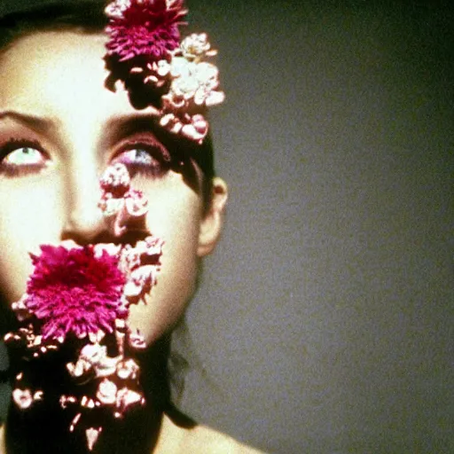 Image similar to movie still of the girl with the flowers head, cinematic composition, cinematic light, by david lynch, surrealist art