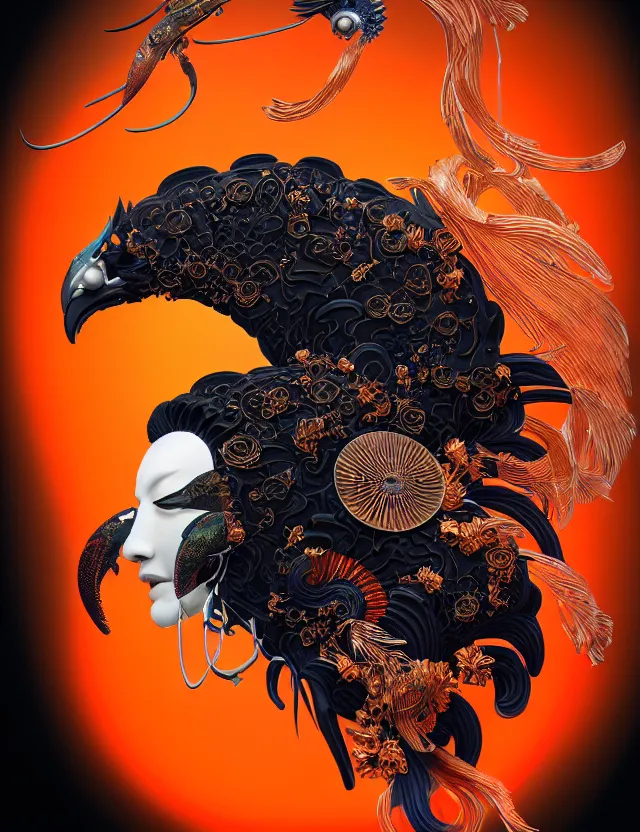 Image similar to 3 d goddess close - up profile portrait biomechanics with ram skull. beautiful intricately detailed japanese crow kitsune mask and clasical japanese kimono. betta fish, jellyfish phoenix, bio luminescent, plasma, ice, water, wind, creature, artwork by tooth wu and wlop and beeple and greg rutkowski. gold black teal and orange color scheme