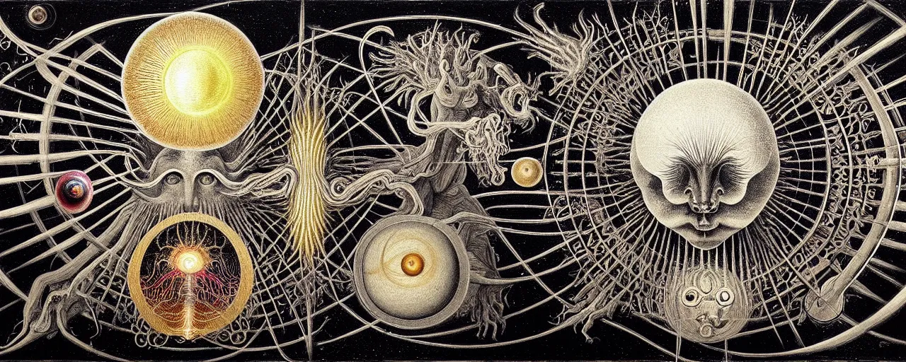 Image similar to a strange creature with endearing eyes radiates a unique canto'as above so below'while being ignited by the spirit of haeckel and robert fludd, breakthrough is iminent, glory be to the magic within, in honor of saturn, painted by ronny khalil