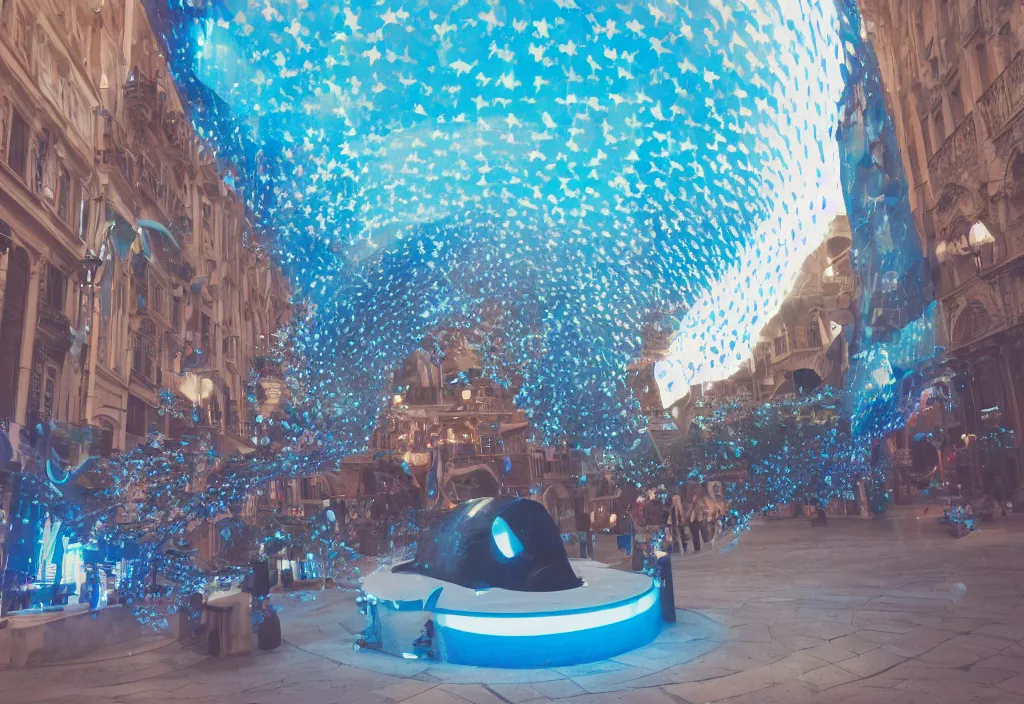 Image similar to 3 d 🦈 popping out of curved screen, town square, volumetric lighting, bokeh, creterion collection, shot on 7 0 mm, instax