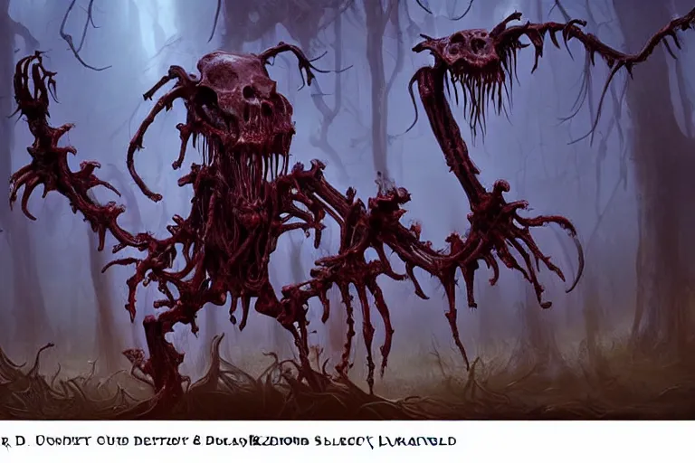 Image similar to D&D Monster, undead skeletal creature covered in slimey ooze, glowing magic irises, heavy fog, eery dead swamp setting