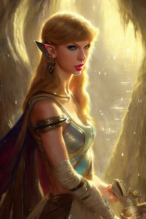 Prompt: taylor swift as princess zelda as a magic the gathering card portrait dnd, painting by gaston bussiere, craig mullins, greg rutkowski, yoji shinkawa