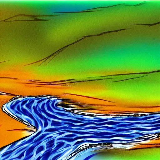 Prompt: digital art painting of a river running through the plains, very mediocre, not so detailed at all.