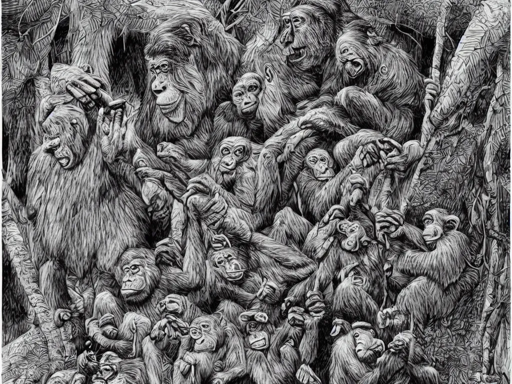 Image similar to bored ape club monkeies by Chor Boogie, intricate details, ultra detailed, 4K, award-winning, touch of M. C. Escher and Salvador Dali