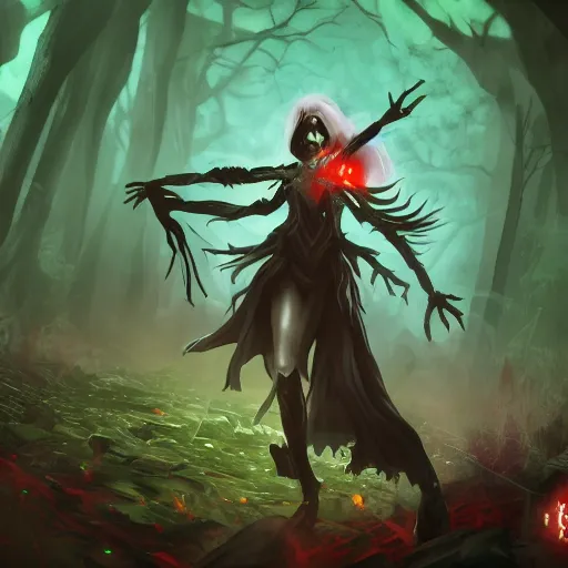 Image similar to a female necromancer is summoning her undead army in a forest, her hand emit a green vapour, dynamic pose, chromatic aberration , medium level shot, Grim fantasy, illustration ,digital painter, concept art,