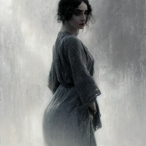 Image similar to detailed realistic cinematic wide shot of beautiful attractive lilly collins woman wearing black bath robe slim face symettrical face clean skin black eyes black robe smooth, sharp focus, ultra realistic, spring light, painting by gaston bussiere, craig mullins, j. c. leyendecker