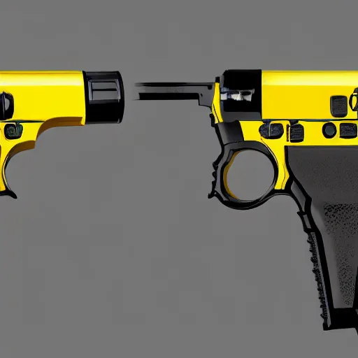 Image similar to black Pistol with yellow hydraulic parts concept art, white background