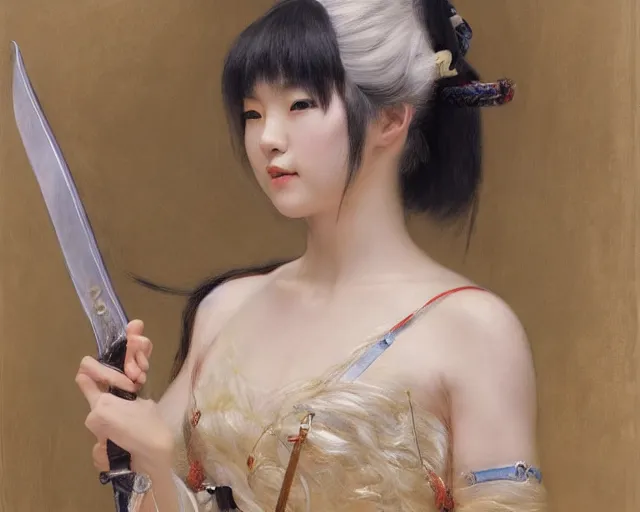 Image similar to a young japanese princess lady with white hair and bangs!!!!, posing with a sword, white hair highly detailed painting by gaston bussiere, craig mullins, j. c. leyendecker 8 k