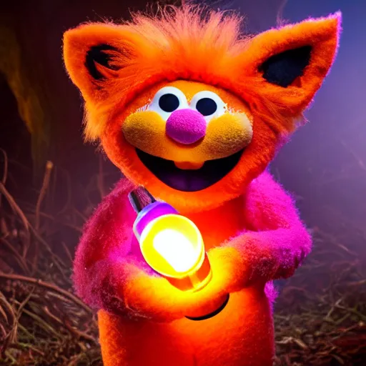 Prompt: a large fox furby muppet holding a lit torch and herding a bunch of random muppet animals following behind through a dark felt forest at night, sesame street, photograph, photography, ultrarealistic, national geographic