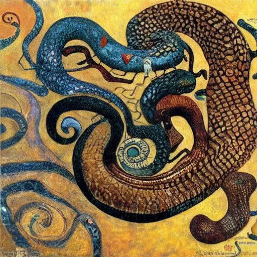 Prompt: naga serpent, intricate detail, painting, jazz age, miro, klimt, royo, frazetta, whealan,