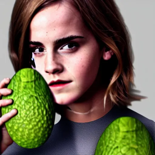 Image similar to photograph of emma watson with green avocado skin, anthropomorphic, photoshop