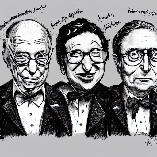 Image similar to Jacob Rothschild and george soros and bill gates and Klaus Schwab by Ralph Steadman illustration dollar bills, body horror, evil, scribbles biopunk, 8k , trending on artstation