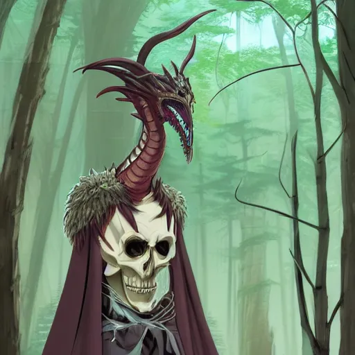 Image similar to concept art painting of an anthropomorphic dragon king with black robes, a long neck, and skull mask, in a deep forest, cel shaded, in the style of makoto shinkai and james gurney and studio ghibli and moebius