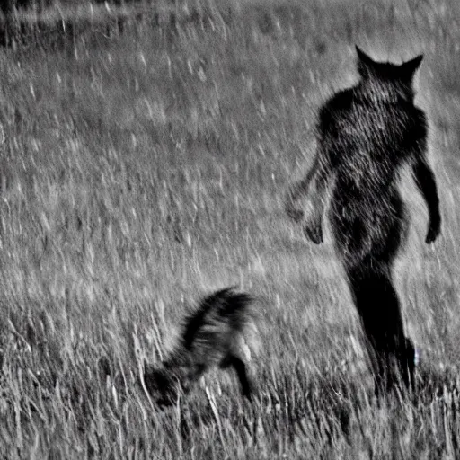 Image similar to bad quality blurry nightfootage nightcam black and white trailcam footage of native weird distorted human body Skinwalker transforming into a coyote, low resolution, compressed