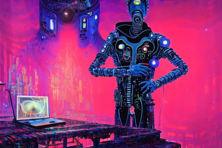 Image similar to a highly detailed beautiful masterpiece painting of a cybernetic technomancer wizard in dazzle camouflage robes with pointed hood discussing sentience with his synthesized AI djinn hologram in his laboratory near a computer by Remedios Varo and Anato Finnstark and Greg Rutkowski, dayglo pink, dayglo blue, hyperrealism, 8k, trending on ArtStation, rendered in Octane, volumetric lighting