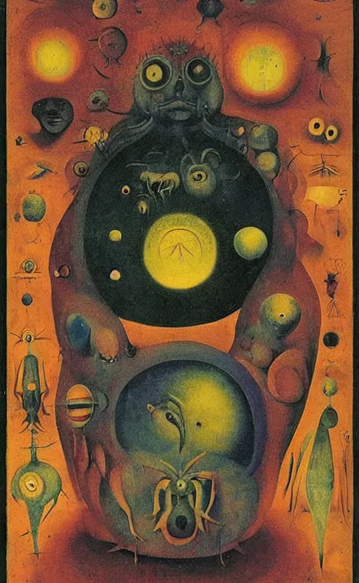 Image similar to a new small cute creature from space cosmic multiple eyes a bit weird cosmic with an intriguing wonderful machine beside him, tarot card, beautiful frames, Leonora Carrington moebius Hieronymus Bosch Max Ernst dali Zdzisaw Beksiñski Roland Topor Henryk Plociennik