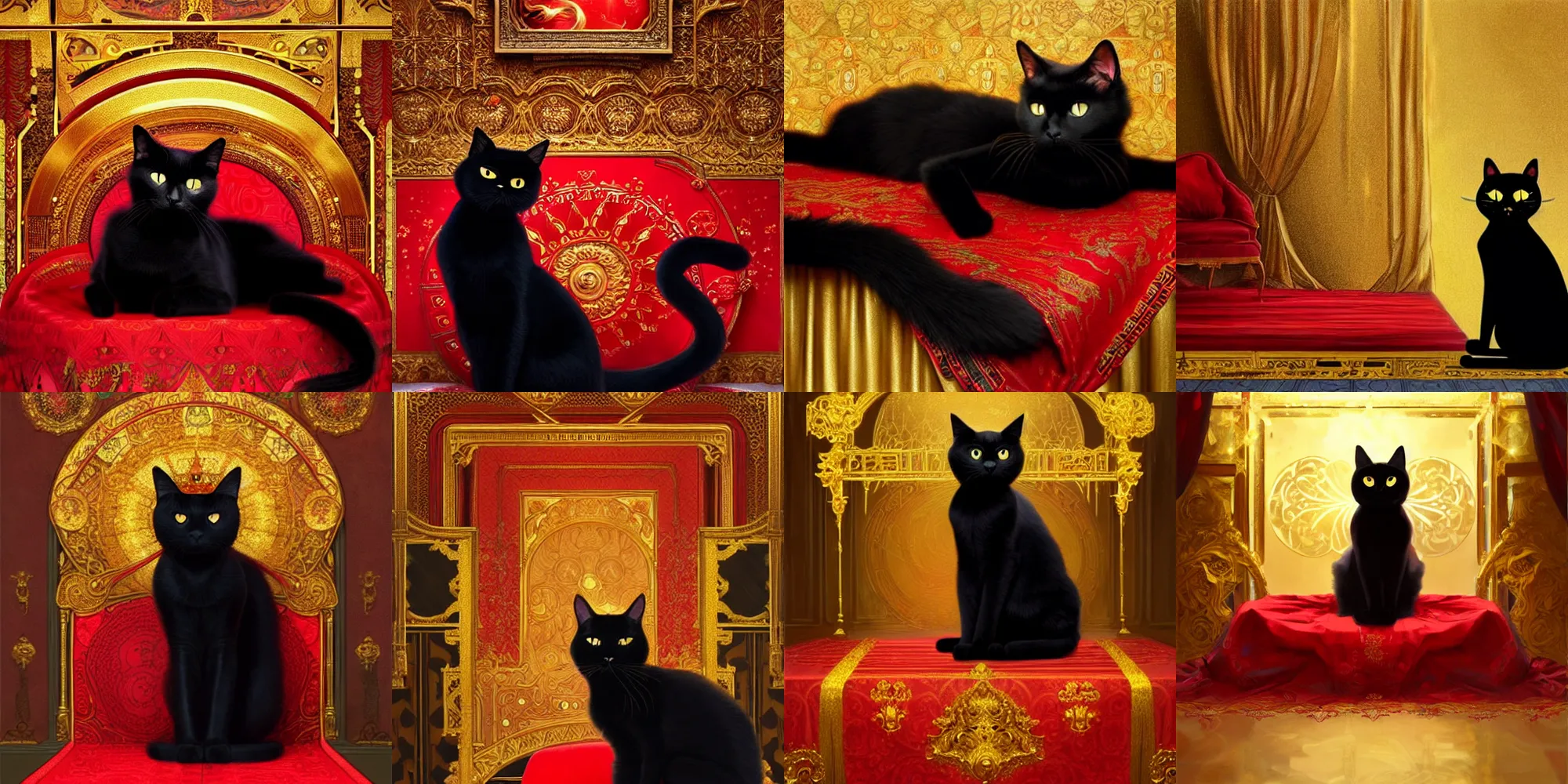 Prompt: long shot of a black cat wearing a golden shining crown, sitting on a red pillow, fantasy, intricate, red carpet with golden trim leading up to cat, raised platform, highly detailed, digital painting, artstation, sharp focus, art by tian zi and wlop and alphonse mucha