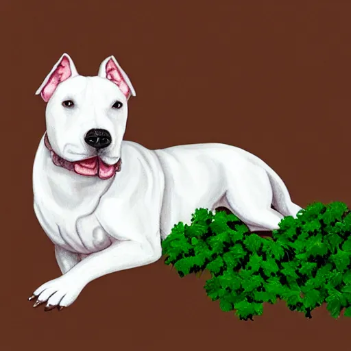 Image similar to painting of a white pitbull on a bed of parsley with a parsley garnish on top, highly detailed