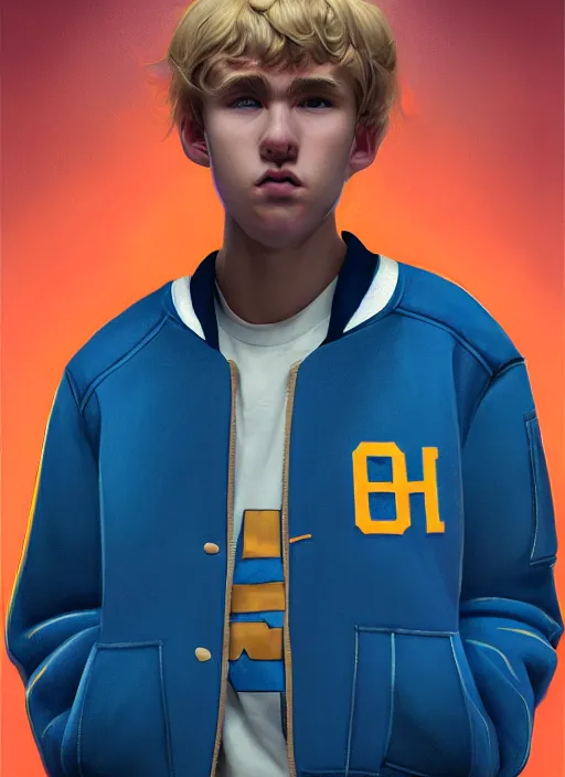 Image similar to portrait of high school senior boy named big moose, blonde short hair, jock, beefy, wide face, square jaw, square facial structure, blue varsity jacket with letter r, intricate, elegant, glowing lights, highly detailed, digital painting, artstation, concept art, sharp focus, illustration, art by wlop, mars ravelo and greg rutkowski