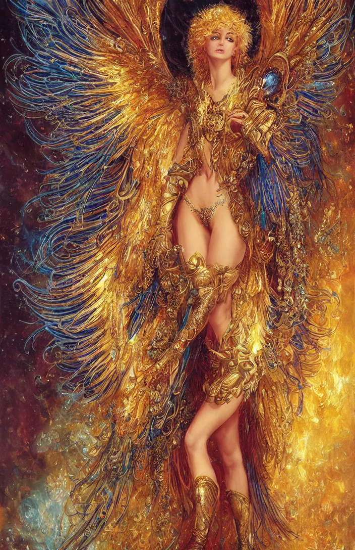 Prompt: beautiful full body archangel Gabriel with peacock feathers, one body only, golden armor, shining light, gems, god rays by Karol Bak, Ayami Kojima, Amano