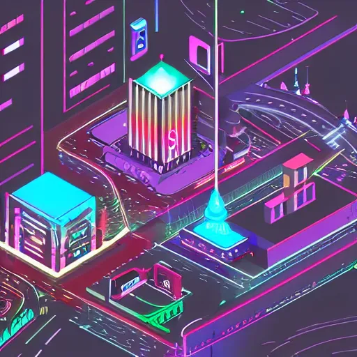 Image similar to isometric neon city at night rainy lamp posts few people in the future capital city