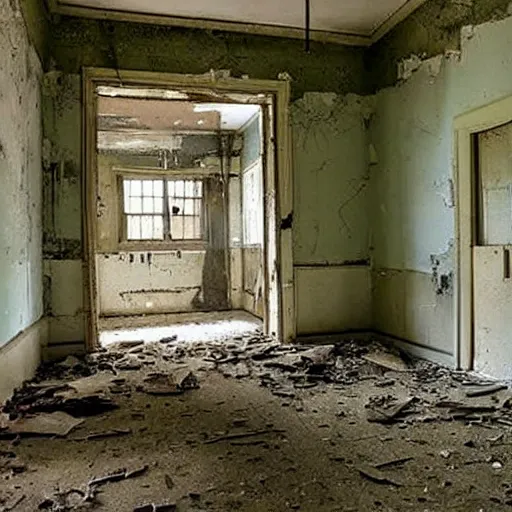 Prompt: an old room, with a bed in the corner, Haunted Places In Shelby Ohio: 20 Haunting Pictures Of Abandoned Asylums