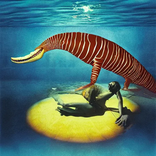 Prompt: nirvana nevermind album cover with a spinosaurus