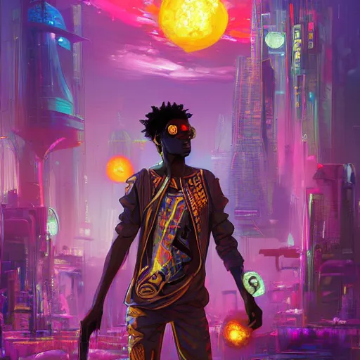 Prompt: afro - cyberpunk deities and their creations, gods and men, manifesting dreams with ancestral magic in a modern world | hyperrealistic oil painting | by makoto shinkai, ilya kuvshinov, lois van baarle, rossdraws, basquiat | afrofuturism, in the style of hearthstone, trending on artstation | dark color scheme