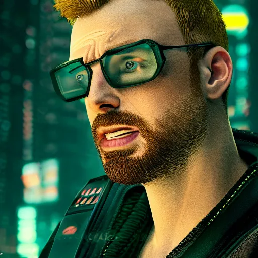 Prompt: chris evans portrait, cyberpunk 2 0 7 7, cyberpunk, photorealistic, ultra detailed, neon, octane, bokeh, cinematic lighting, cyber, cyberpunk city, studio quality, feature, scars, cyberface, 8 k