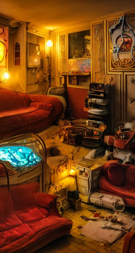 Image similar to telephoto 7 0 mm f / 2. 8 iso 2 0 0 photograph depicting the feeling of chrysalism in a cosy safe cluttered french sci - fi art nouveau cyberpunk apartment in a dreamstate art cinema style. ( sofa ) ( ( fish tank ) ), ambient light.