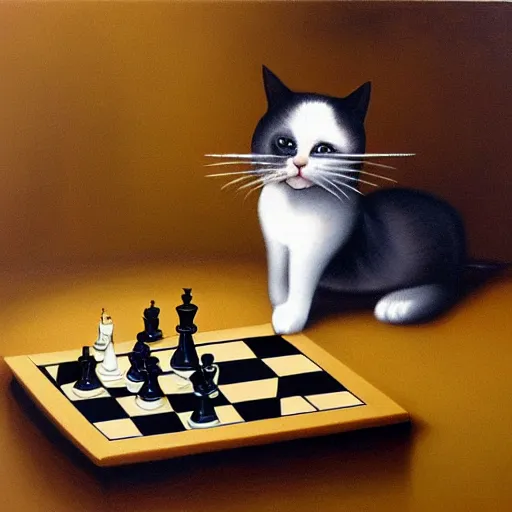 Image similar to cats playing chess, surreal oil painting