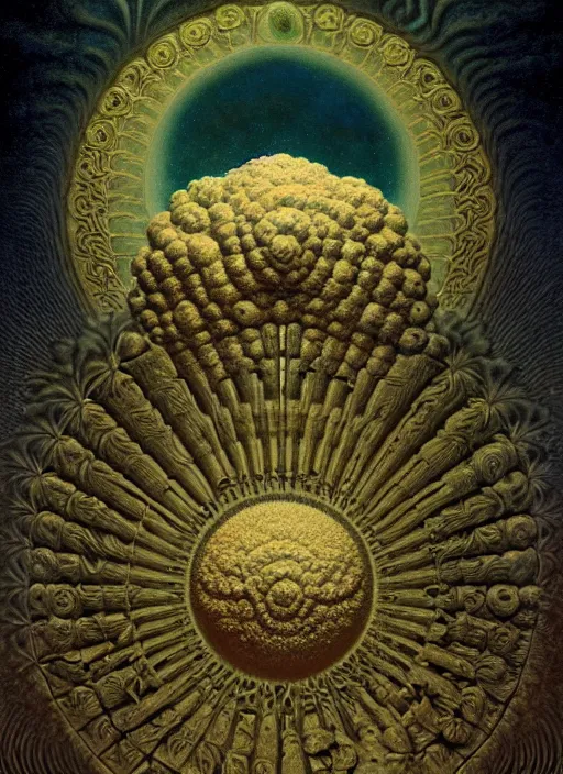 Prompt: antediluvian occult cosmology, panspermia, by daniel arsham and robert hooke and ernst haeckel and agostino arrivabene and joaquin sorolla and martin johnson heade, rule of thirds, vivid colours, negative space, atmospheric, digital painting, artstation, concept art, smooth, sharp focus