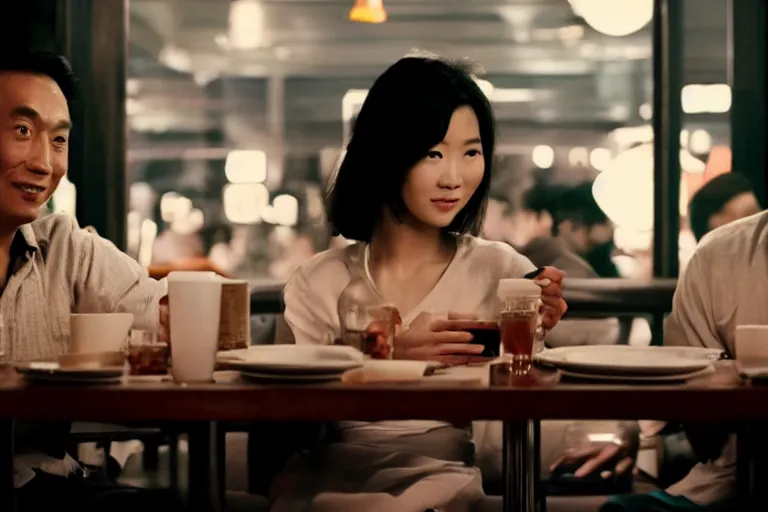 Prompt: VFX movie interior closeup beautiful Asian couple closeup sitting at 50s diner, night in the city, by Emmanuel Lubezki