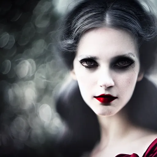 Image similar to A beautiful portrait of a lady vampire, victorian, dracula, ominous, depth of field, bokeh, irwin penn, soft light, cinematic