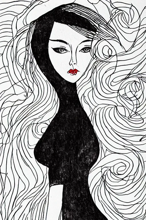 Image similar to ink lineart drawing of beautiful woman by the beach, white background, etchings by goya, chinese brush pen illustration, high contrast, deep black tones, contour