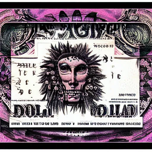 Prompt: post - punk new age album cover, asymmetrical design, frame of dollar bank notes, capitalism, magic, apocalypse, psychedelic, black white pink, magic, giger h. r., giuseppe arcimboldo