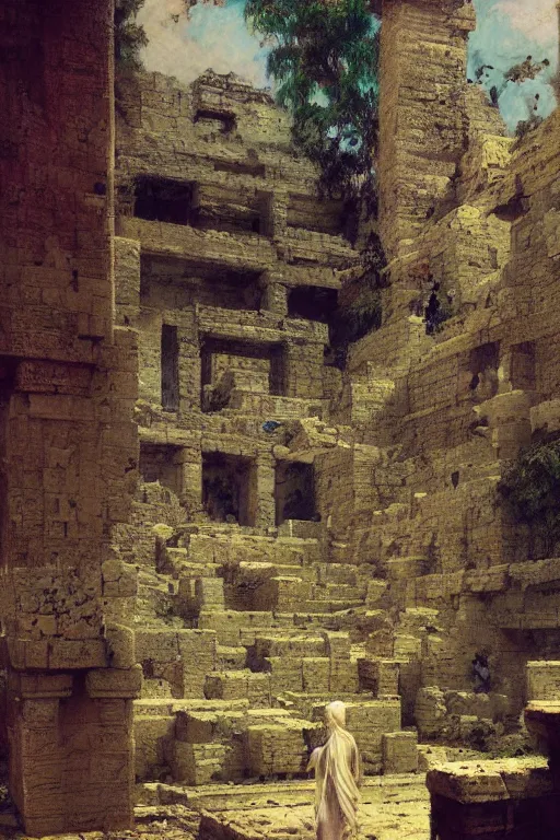 Prompt: looking up at ancient babylonian city ruins, broken statues, moss, intricate, elegant, vivid colors, highly detailed, john park, frazetta, sparth, ruan jia, jeffrey catherine jones