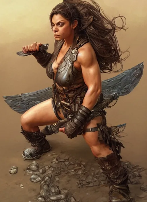 Image similar to exhausted Mila Kunis as a very muscled rugged looking Amazon, dirty, sweating, intricate, elegant, highly detailed, artstation, concept art, sharp focus, art by artgerm and donato giancola and Joseph Christian Leyendecker, WLOP