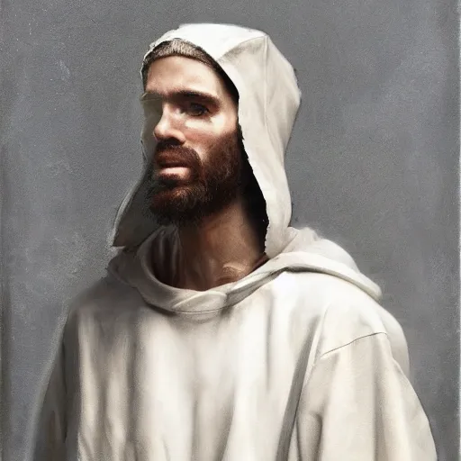 Image similar to a full body portrait of modern day jesus wearing cream fear of god menswear collection by nicola samori, hat and hoodie, detailed, oil painting, hyper realistic, 8 k, yeezy collection