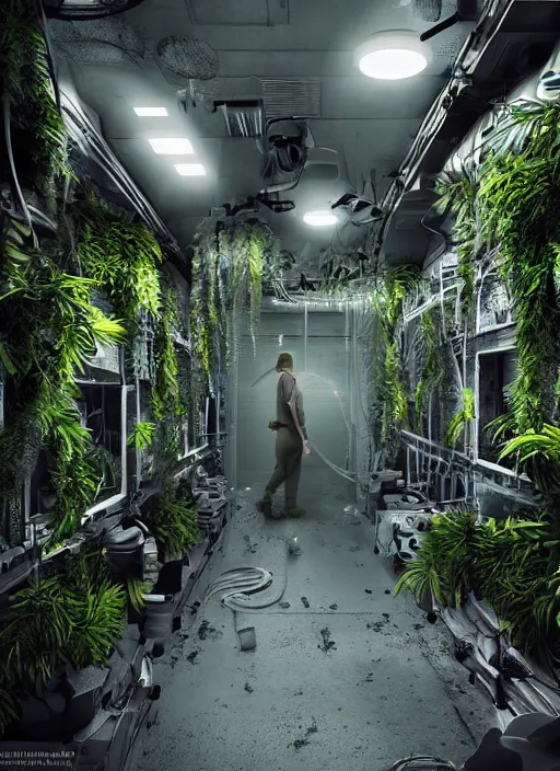 Image similar to secret Military lab, tropic plants growing inside cryo chambers connected with cable, photo realistic, realistic, cinematic, establishing shot, extremly high detail, cinematic lighting, concept art, matte painting, denoise