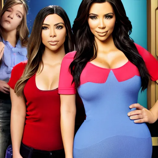 Image similar to Icarly with kim kardashian as Carly, 8k full HD photo, cinematic lighting, anatomically correct, oscar award winning, action filled, correct eye placement,