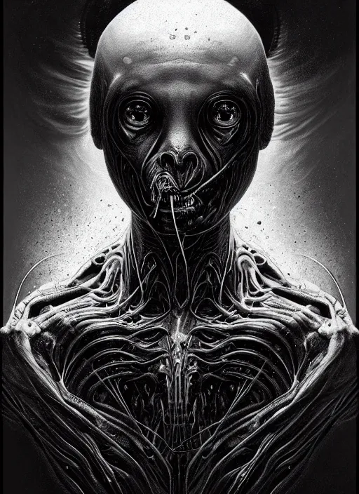 Prompt: a dream portrait of a shy boy, black & white, melting, webbing, 8 k, by tristan eaton, stanley artgerm, tom bagshaw, greg rutkowski, carne griffiths, ayami kojima, beksinski, giger, trending on deviantart, face enhance, hyper detailed, minimalist, horror, alien