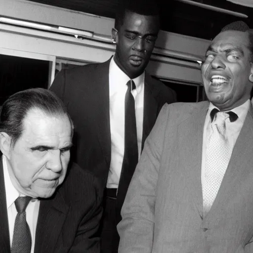 Prompt: Jamal and DeAngelo shooting up smack with Richard Nixon behind a 7/11, photo