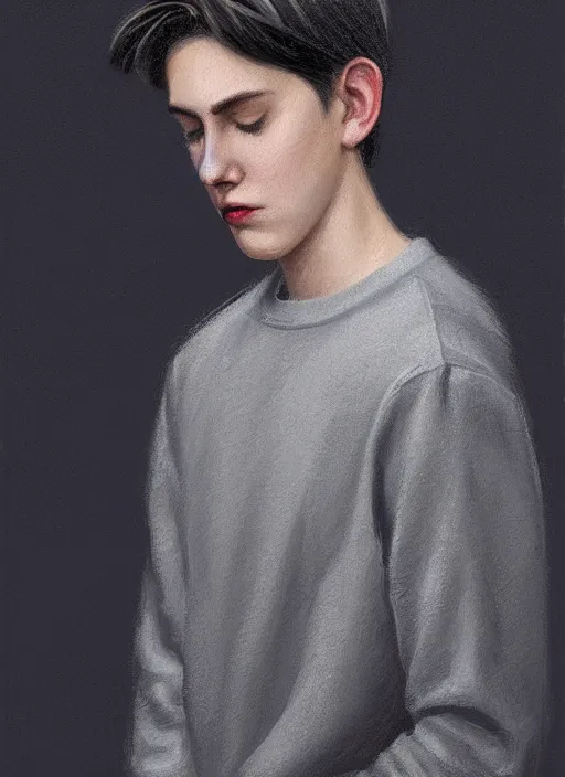 Image similar to portrait of teenage jughead jones wearing a light grey crown, photorealistic, crown, eyes closed, crown, black hair, sweater with letter s on it, letter s, intricate, elegant, glowing lights, highly detailed, digital painting, artstation, concept art, smooth, sharp focus, illustration, art by wlop, mars ravelo and greg rutkowski